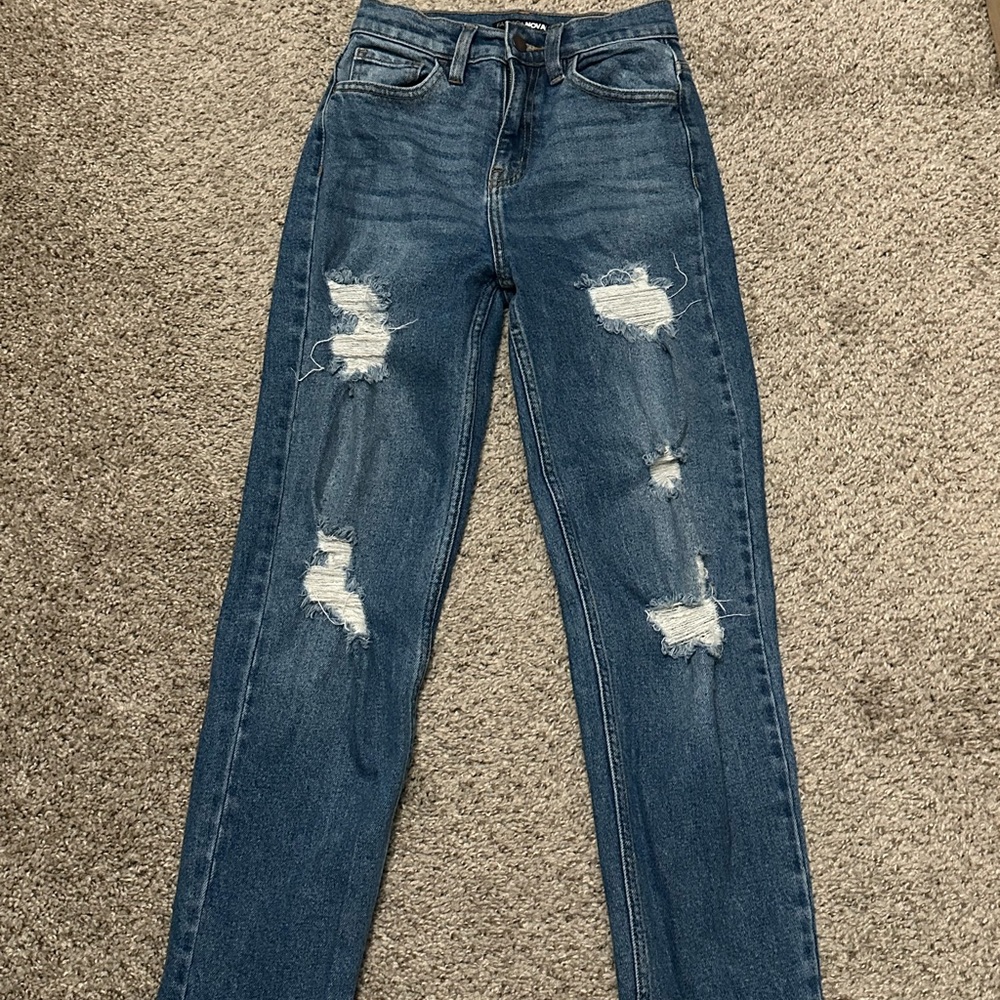 Fashion Nova Dark Blue Distressed Straight Leg Jeans